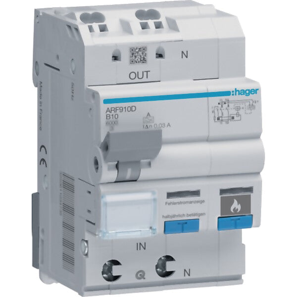 Hager Fehlerlichtbogen-Schutz 1P+N 6kA B-10A 30mA ARF910D